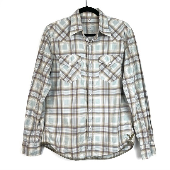 American Eagle Blue & Brown Plaid Western Style Button Down Shirt Size Small - Picture 1 of 7
